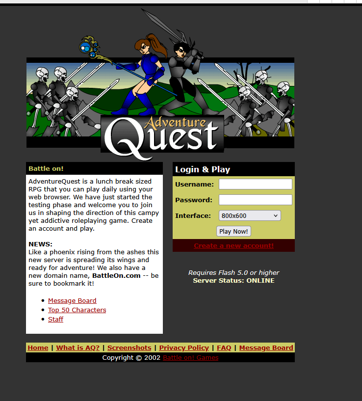 The original AdventureQuest Website